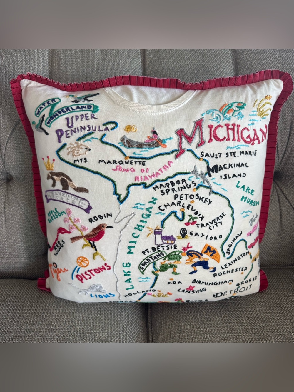 Upcycled Catstudio Michigan Shirt Throw Pillow Embroidered Map 15x15